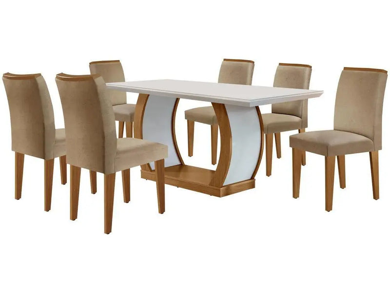 Dining Table 6 Chairs Rectangular Imbuia and Off White MDF Top with Glass Rufato Jade