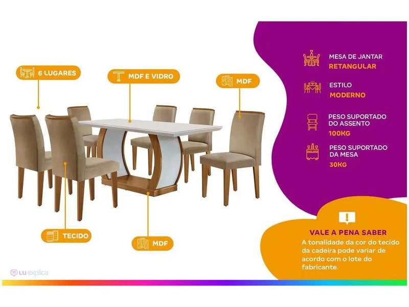Dining Table 6 Chairs Rectangular Imbuia and Off White MDF Top with Glass Rufato Jade